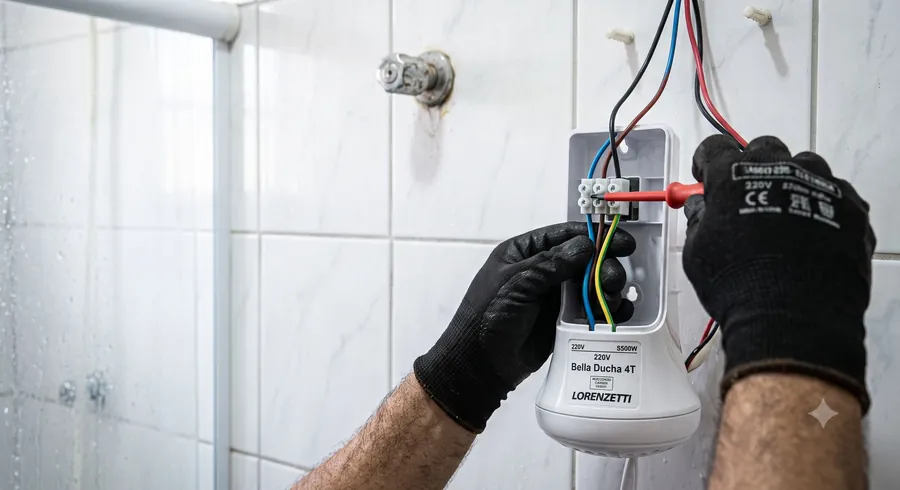 Eletricista instalando chuveiro elétrico Lorenzetti e conectando fiação de 220V